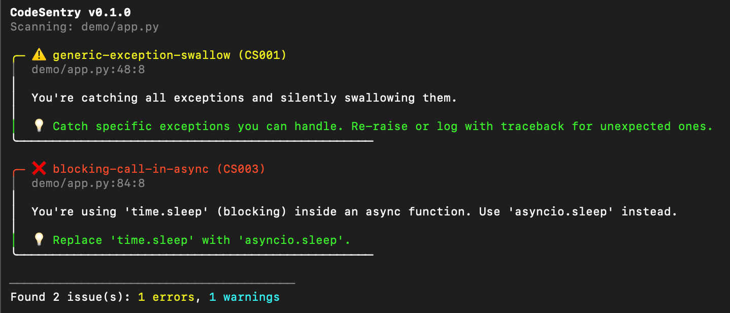 CodeSentry default output showing two issues detected