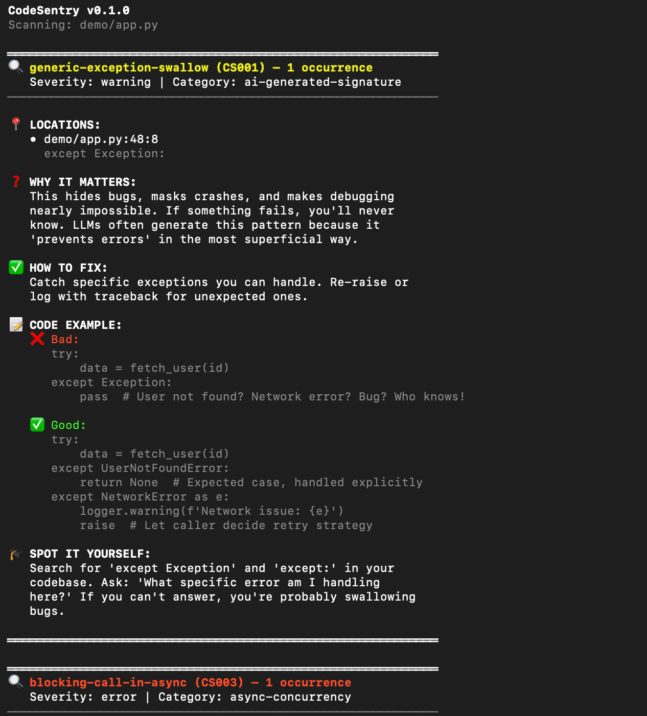 CodeSentry teach mode showing detailed explanations and code examples